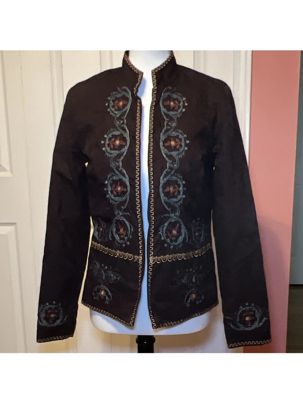 Coldwater Creek Embroidered Floral Open Front Lined Jacket Brown Women's 8